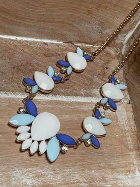 Gold-Tone White and Blue Floral Statement Necklace